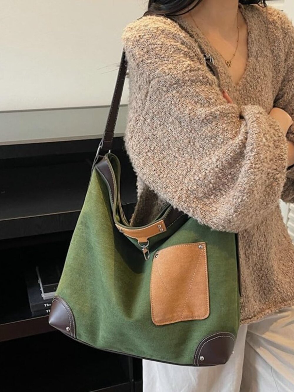 Green Canvas Shoulder Bag with Brown Leather Accents - Picture 4 of 7